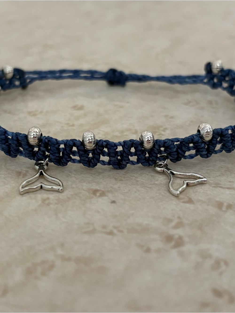Navy Braided Cord Anklet with Silver Whale Tail Charms